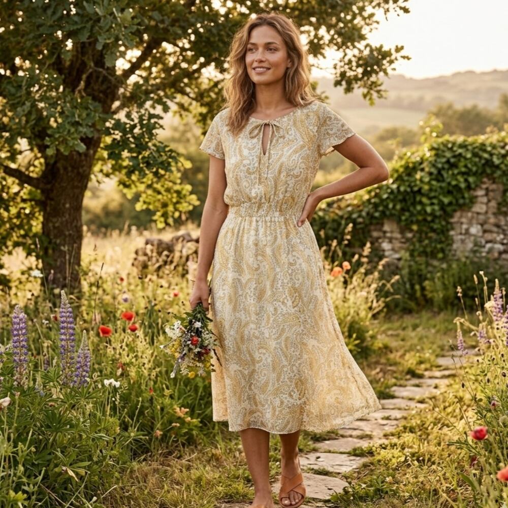 Lucky Brand Yellow Paisley Boho Midi Dress Size L Short Flutter Sleeves - Picture 2 of 7